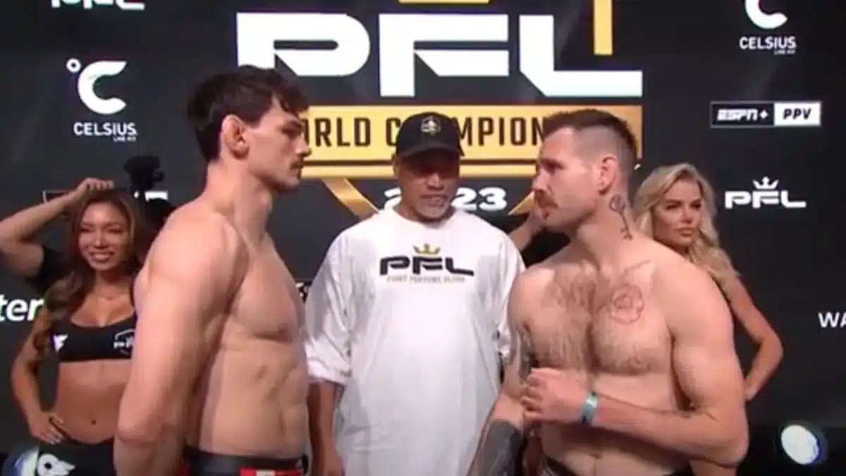Olivier Aubin-Mercier is face to face with his PFL 10 opponent, Clay Collard at the ceremonial weigh-in