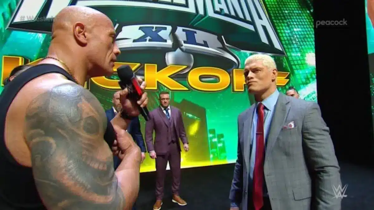 Cody Rhodes is getting talked to by The Rock at Wrestlemania 40 kickoff