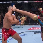 Pereira applies the knockout kick to Procházka to retain his belt at UFC 303