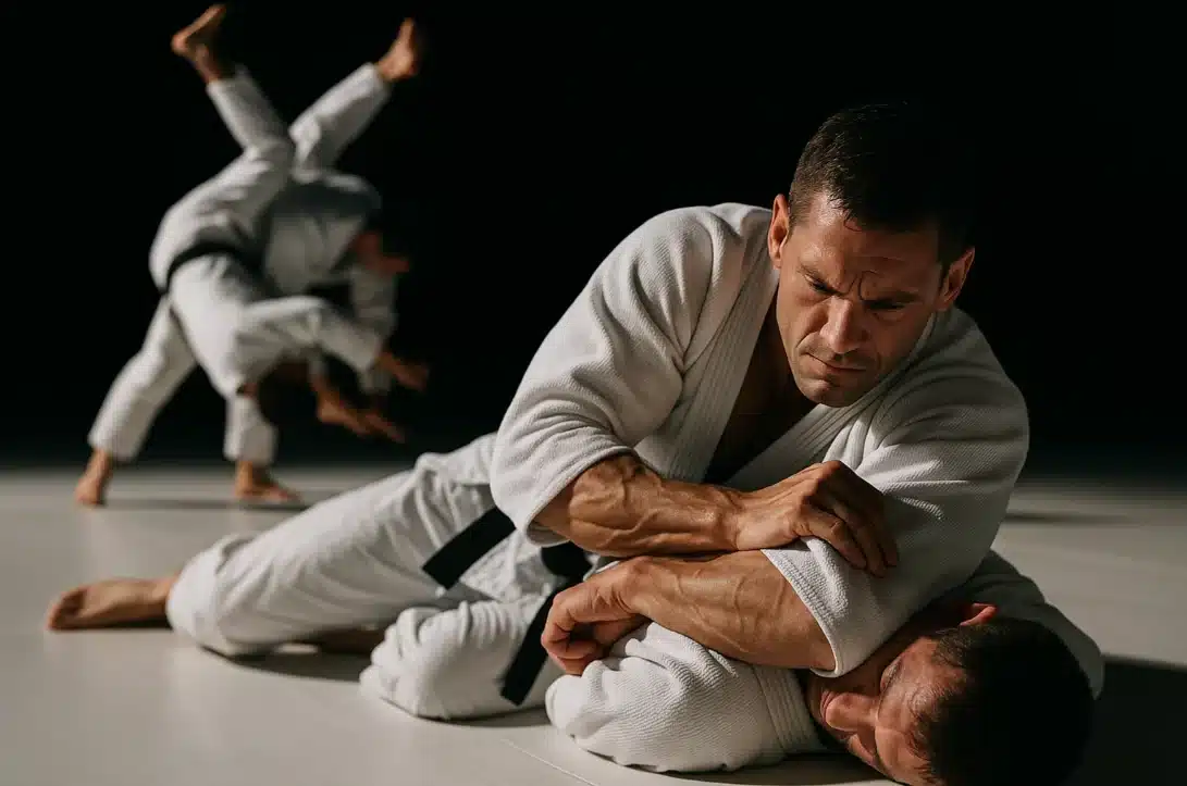 Jiu Jitsu vs. Judo: Key Differences and How to Choose 2 A Photorealistic Image Of Two Martial Artists On A Pristine White Mat, Shot With Shallow Depth Of Field Using A Professional Telephoto Lens. The Foreground Shows A Practitioner In A Crisp White Gi Executing A Ground-Based Arm Triangle Choke, Muscles Tensed With Precise Control. Behind Them, Slightly Blurred, Another Pair Demonstrates An Explosive Standing Hip Toss, One Fighter'S Feet Lifting Off The Ground. Dramatic Side Lighting Creates Sharp Shadows, Emphasizing The Contrast Between Grappling Techniques.