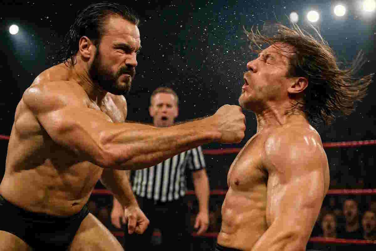 Striking in Pro Wrestling Two wrestlers engaged in combat.