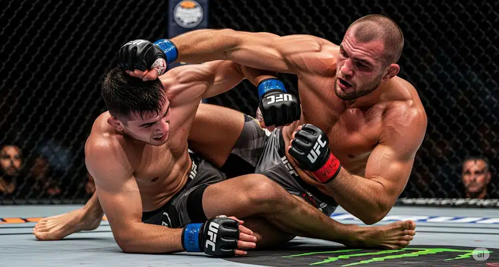 Two Men Fighting In A Cage Where Ground-And-Pound Represents A Fundamental Mma Strategy