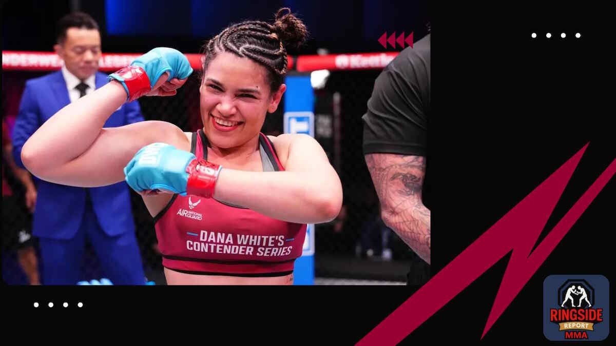 Yuneisy Duben of Venezuela reacts after her knockout victory against Shannon Clark in UFC Contender Series Tournament