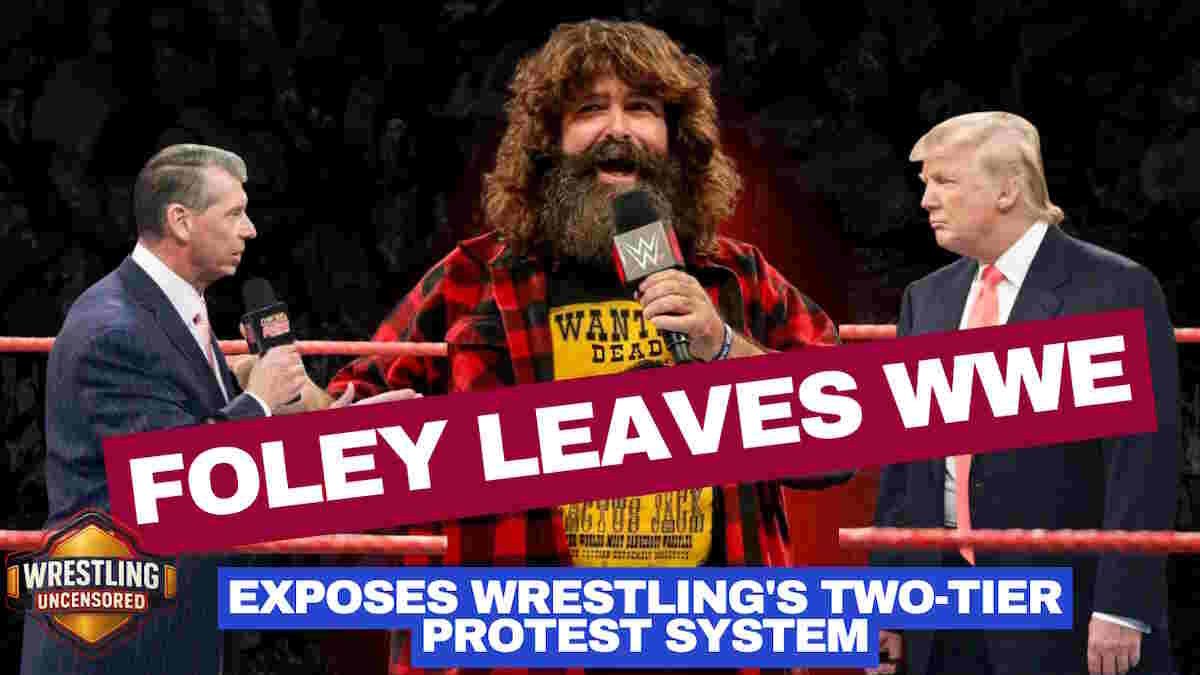 Mick Foley leaves WWE with him, Donald Trump and Vince McMahon looking on