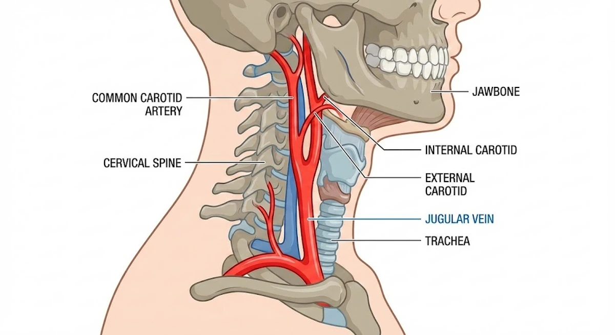 The Rear Naked Choke: The Most Effective Submission in MMA History 1 Medical Diagram Showing Human Neck Anatomy, Carotid Arteries Highlighted In Red On Both Sides,Side View, Clean Educational Style, White