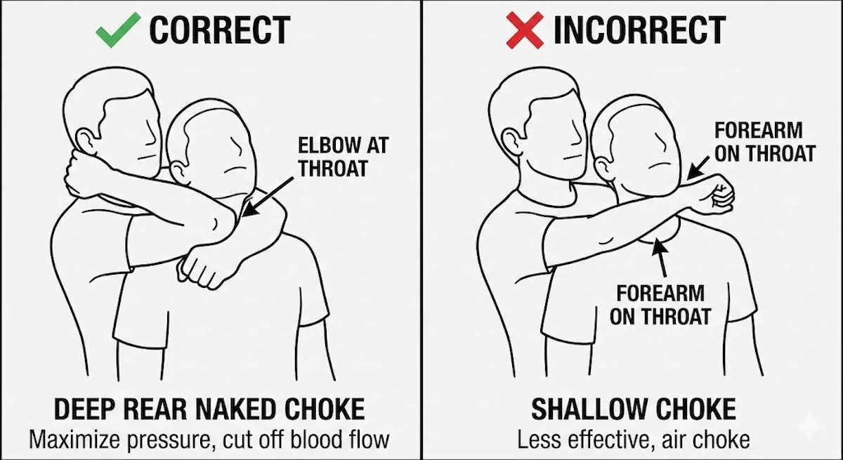 The Rear Naked Choke: The Most Effective Submission in MMA History 2 Side-By-Side Comparison Diagram, Left Side Shows Correct Rear Naked Choke Arm Position (Deep, Elbow At Throat), Right Side Shows Incorrect (Shallow), Simple Instructional Style