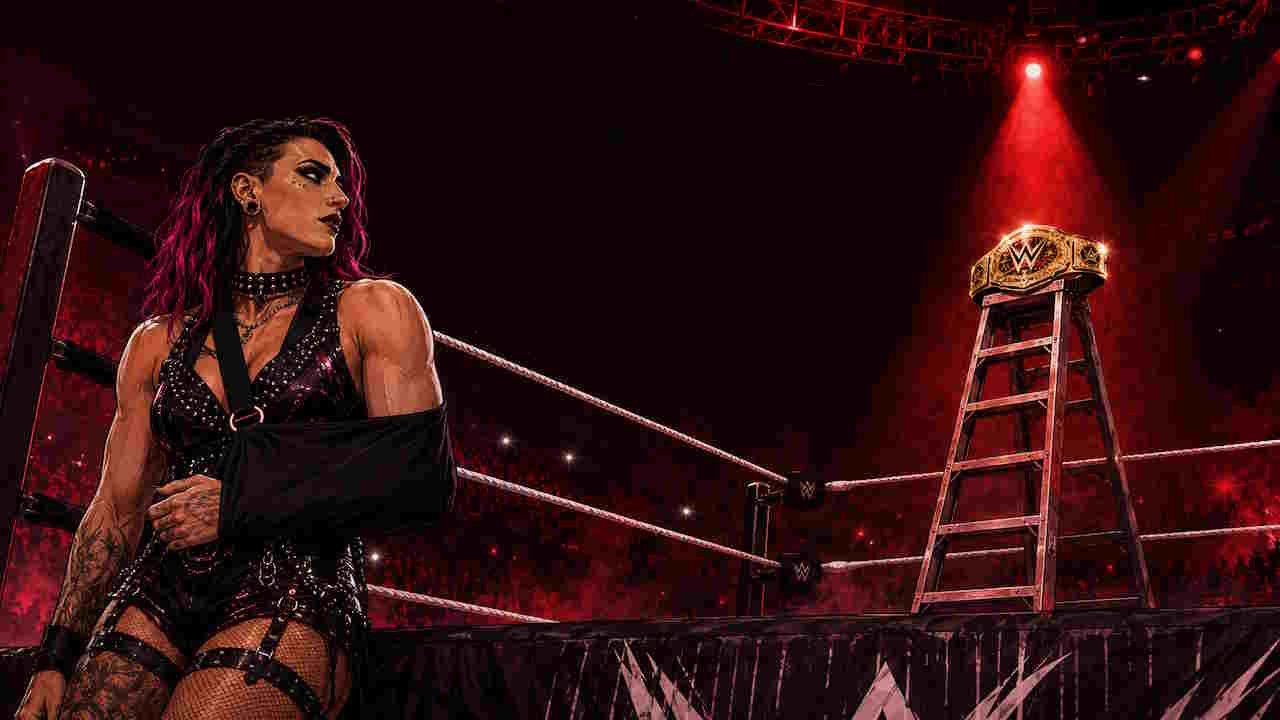 Rhea Ripley injury with championship ladder backdrop