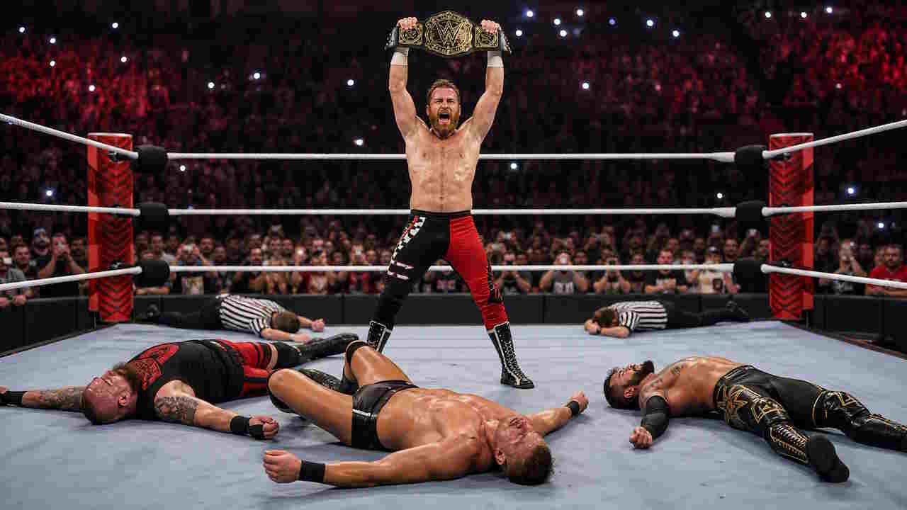 Kevin Owens Sami Zayn triple threat ends with no winner as Zayn stands over fallen wrestlers