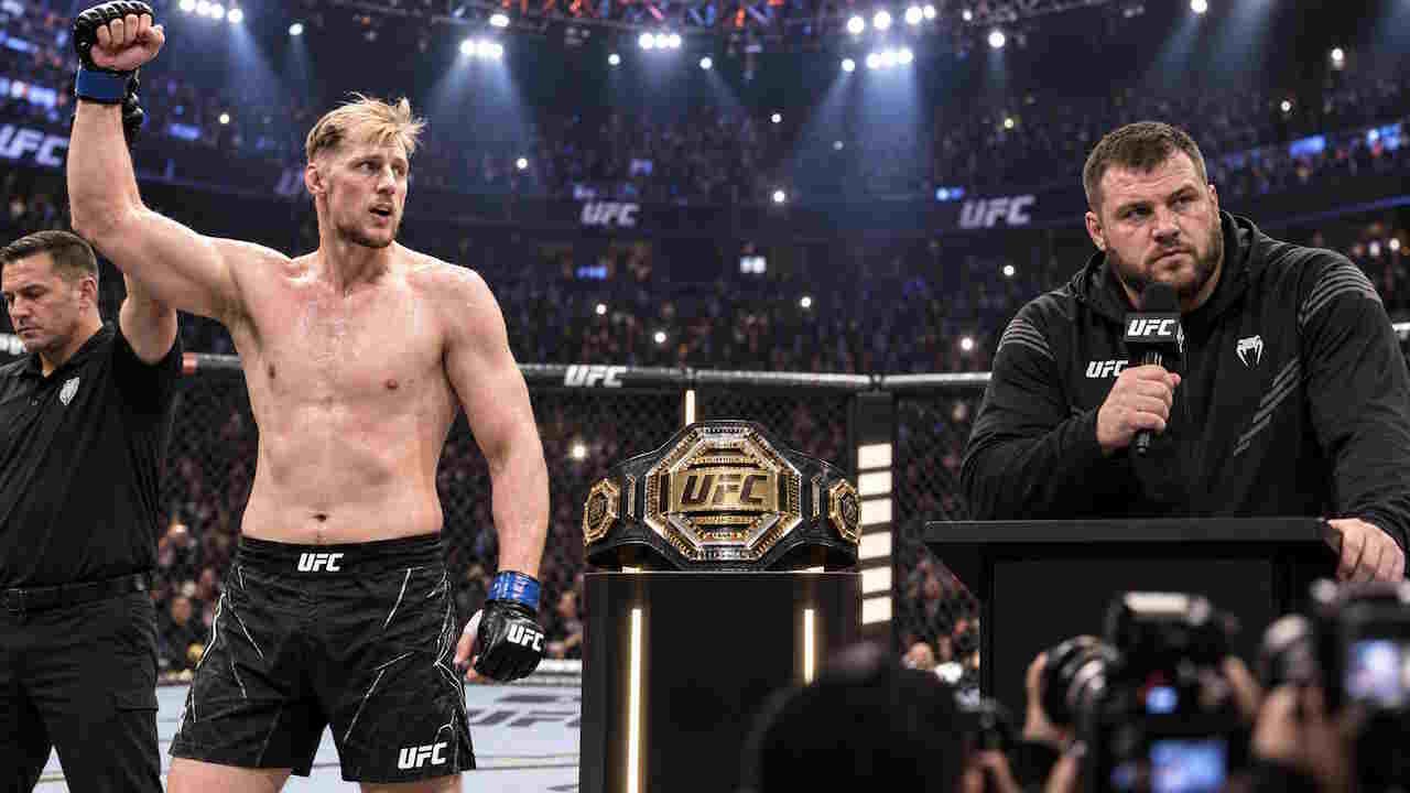Alexander Volkov celebrates a win in the Octagon while Josh Hokit speaks at a UFC press conference