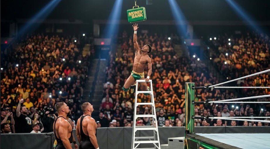Money in the Bank 2026 ladder match with Je'Von Evans reaching for the briefcase