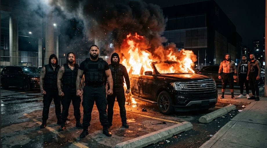 Royce Keys and the 946 faction stand in front of the burning Usos' SUV on Raw