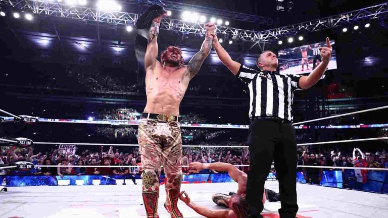 Aew All In 2026 Results Will Ospreay Holds The Aew World Championship Aloft After Defeating Kenny Omega At All In 2026