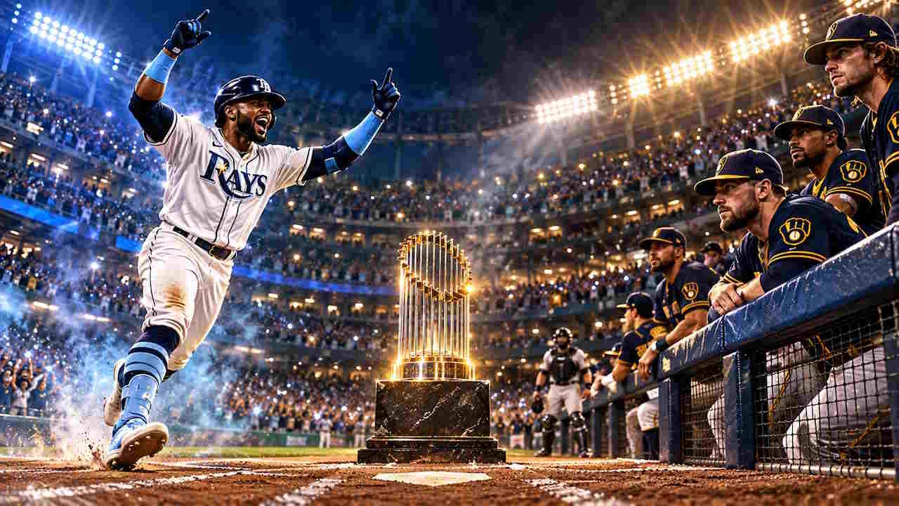 Rays Vs. Brewers World Series 2026 Illustration With Junior Caminero Celebrating A Home Run