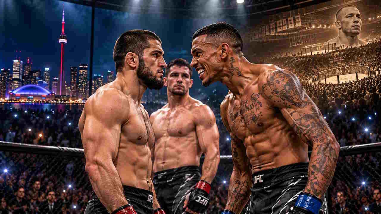 UFC 336 Toronto illustration with Islam Makhachev facing Carlos Prates and Mike Malott watching